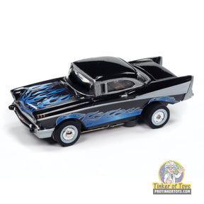 Black 1957 Chevrolet Bel Air lowrider toy car with blue flames for Auto World SC411