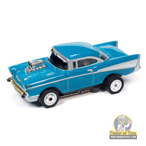 Blue 1957 Chevrolet Bel Air street rod with blower for Auto World SC392
