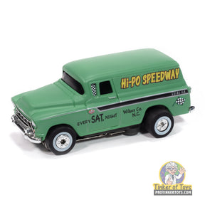 Green 1957 Chevy Suburban toy truck with "Hi-Po Speedway" lettering for Auto World SC416