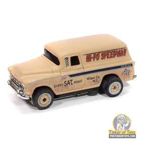 Tan 1957 Chevy Suburban toy with "Hi-Po Speedway" lettering for Auto World SC416