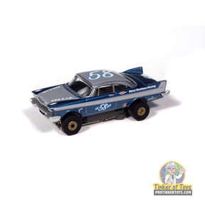 Metallic blue and silver 1958 Plymouth Fury slot car for Auto World SC423, front view