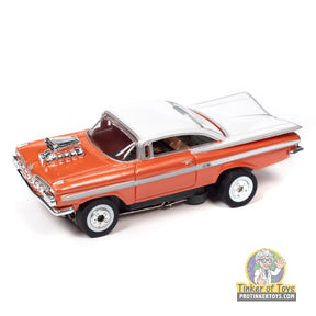 Orange 1959 Chevrolet Impala street rod toy car with blower for Auto World SC392, front view