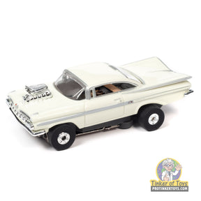 White 1959 Chevrolet Impala street rod with blower for Auto World SC392
