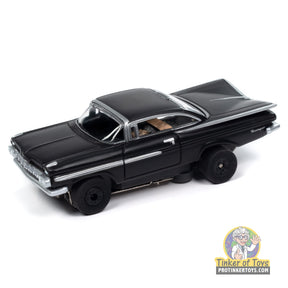 Black 1959 Chevy Impala toy car, glossy finish, detailed collectible for Auto World SC408