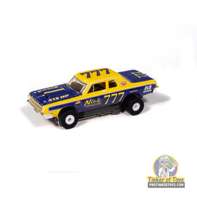 Yellow and purple 1964 Dodge 330 Pro Stock slot car for Auto World SC423
