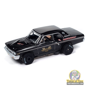 Black 1964 Ford Thunderbolt slot car with 427 graphics for Auto World SC408, front view