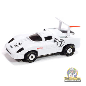 White and black slot car, Thunderjet 1966 Chaparral 2F for Auto World SC415, front view