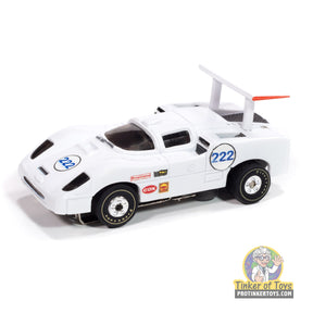 White and blue slot car, Thunderjet 1966 Chaparral 2F, number 222 for Auto World SC415, front view