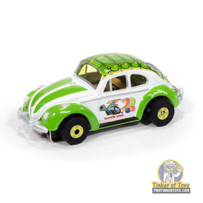 Green and yellow Beetle toy car with "Turtle Wax" decal for Auto World SC418
