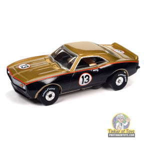 Gold 1968 Camaro slot car, number 13, Smokey Yunick model for Auto World SRS348