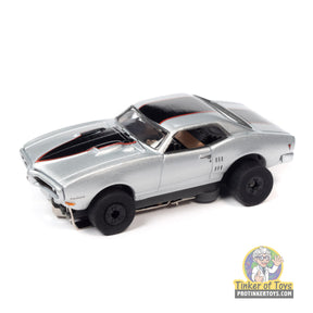 Silver 1968 Pontiac Firebird toy car, side view for Auto World SC392