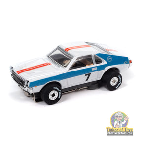 Slot car of a 1969 AMC AMX race car, white and blue for Auto World SRS348