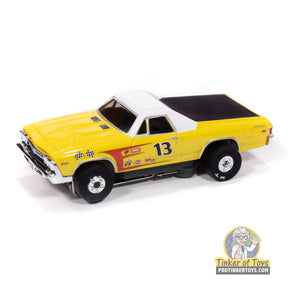 Yellow and white 1969 Chevy El Camino toy car with black roof for Auto World SC416