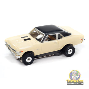Cream 1969 Chevy Nova toy car with black roof for Auto World SC411
