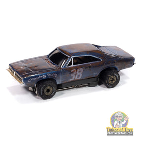 Dark blue slot car of a 1969 Dodge Charger with "Country Boy" decal for Auto World SC416