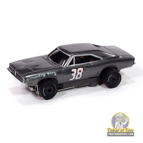 Black slot car of a 1969 Dodge Charger with "Country Boy" and "38" for Auto World SC416