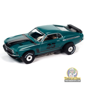 Green 1970 Ford Mustang slot car with "25" racing number for Auto World SRS348