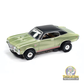 Green 1972 Buick GS slot car with black roof for Auto World SC411