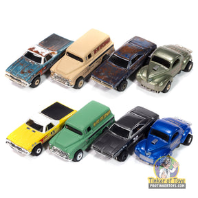 Assortment of 8 slot car toy cars in various colors and models for Auto World SC416