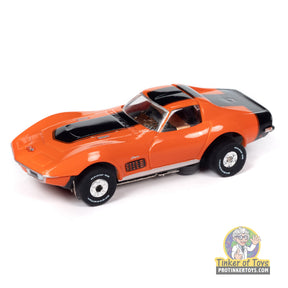 Orange 1970 Corvette toy car with black racing stripes for Auto World SC394