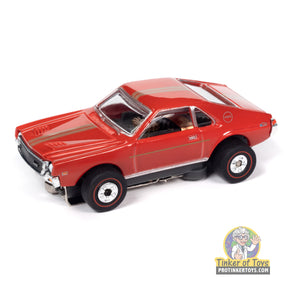 Red 1969 AMC AMX slot car toy car, viewed from the side for Auto World SC394