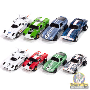 Set of 8 slot car race cars: white, green, blue, and red models for Auto World SC415