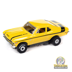 Yellow 1970 Chevrolet Nova toy car with black stripes for Auto World SC394