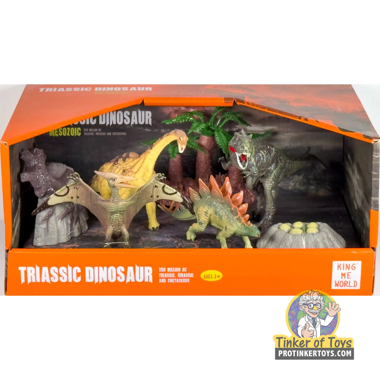 Box of Triassic dinosaur toys with various models inside, featuring King Me World branding.