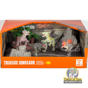 Set of 7 dinosaur figures representing Triassic, Jurassic, and Cretaceous eras for King Me World IMX17239
