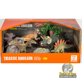 Set of seven dinosaur figures representing Triassic period life for King Me World IMX17240
