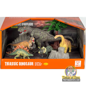 Dinosaur figure set with various prehistoric reptiles in a display box for King Me World IMX17242
