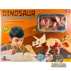 Boy excavating dinosaur bones from a fossil replica kit for King Me World IMX17233