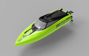 Bright green and black remote-controlled speedboat on a plain background for IMEX UDI14040, front view