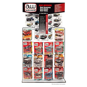 Display rack featuring various slot cars for sale for Auto World AWAC014