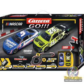 NASCAR race set with two slot cars on a track layout for Carrera GO!!! 20062583