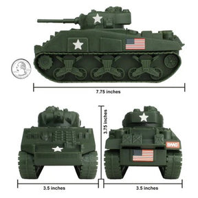 Sherman M4 tank toy in green, showing top, side, and bottom views for BMC Toys 49990