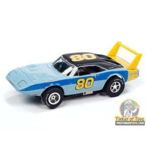 Blue and yellow 1969 Dodge Daytona slot car toy for Auto World SC412, front view