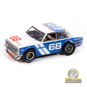 Slot car of a 1972 BRE Datsun 510 race car, number 68 for Auto World SC420, front view