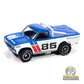 Blue and white slot car of a 1972 BRE Datsun 620 pickup truck for Auto World SC420, front view