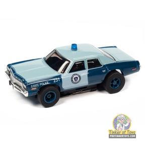 Light blue 1974 Dodge Monaco Massachusetts State Police toy car for Auto World SC397