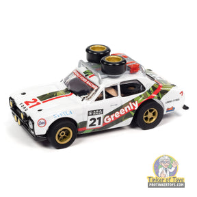 White Ford Escort toy car with roof rack, featuring "Greenly" decals for Auto World SC393