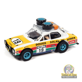 Yellow and white Ford Escort toy car with roof rack and "19" racing number for Auto World SC393