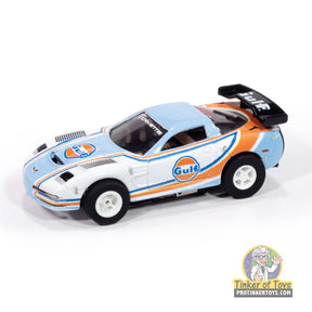 White and blue slot car Corvette race car with Gulf livery for Auto World SC418