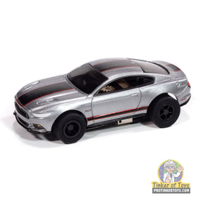 Silver and black slot car of a 2015 Ford Mustang GT for Auto World SC410