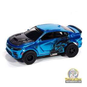 Blue and black slot car of a Dodge Charger Hellcat Redeye for Auto World SC417, front view