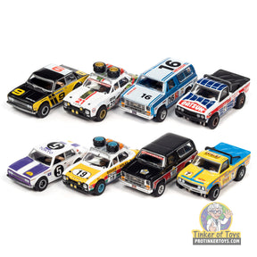 Collection of slot car race cars representing rally vehicles for Auto World SC393