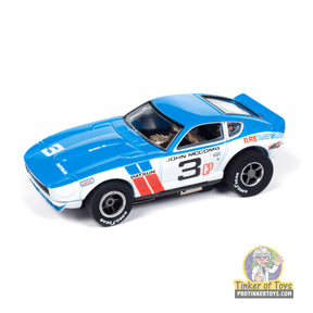 Blue Datsun 240Z slot car with racing decals for Auto World SC404