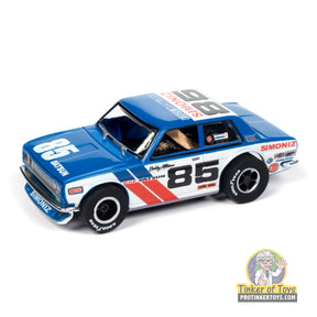 Blue Datsun 510 slot car with racing decals for Auto World SC404
