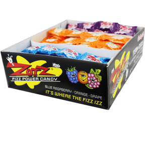 Box of Zotz Fizz Power Candy: Blue Raspberry, Orange, Grape flavors for Mountain Sweets 00500