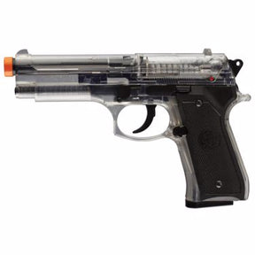 Clear airsoft pistol replica with black grip and orange muzzle tip for Umarex Airguns 2274006, front view